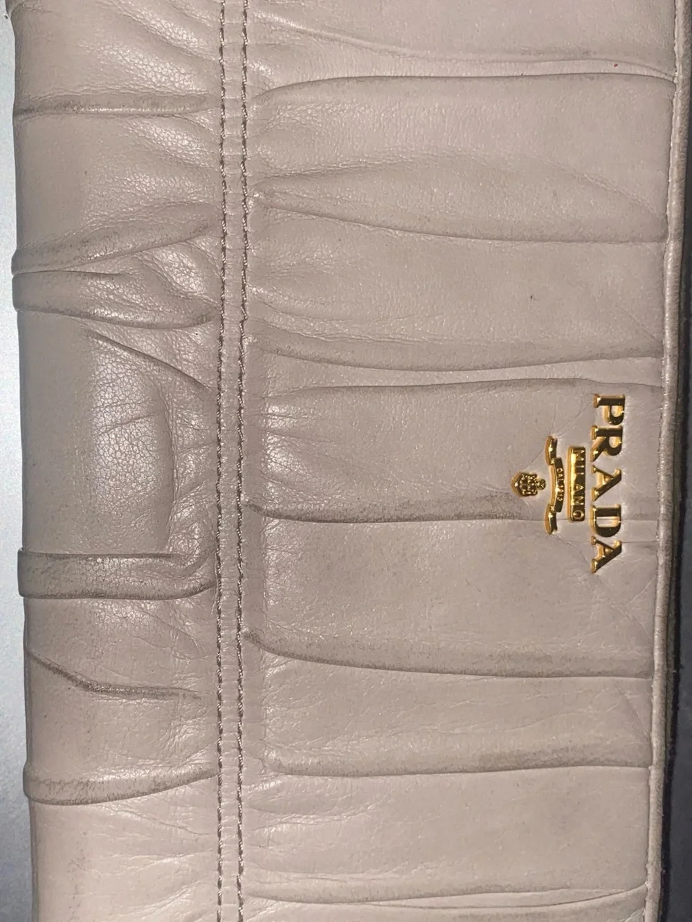 Prada Ruched Leather Clutch in Taupe with Gold Logo (COA Included)